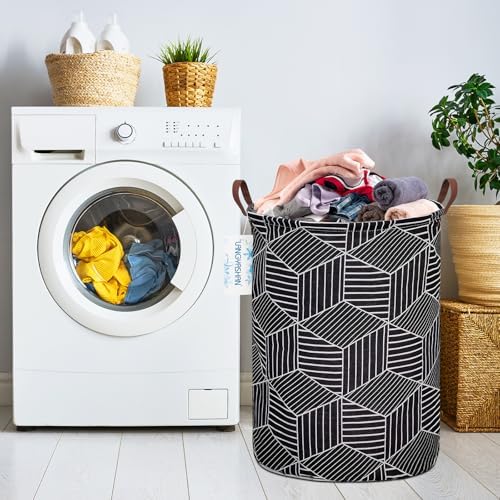 Round Laundry Basket Collapsible Storage Hamper Organizer Black diamond - Image 5