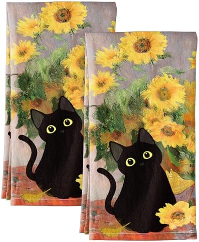 Miss Adola Flour Sack Kitchen Towels Set of 2, Cat and Sunflower by MissAdola