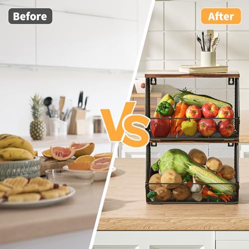 Stackable Fruit Basket for Kitchen Countertop Space Saving, Wall Mounted Mesh - Image 2