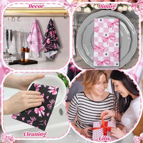 Bencailor 6 Pcs Pink Bow Kitchen Towels Decorative Sets Dish Towels Absorbent - Image 2