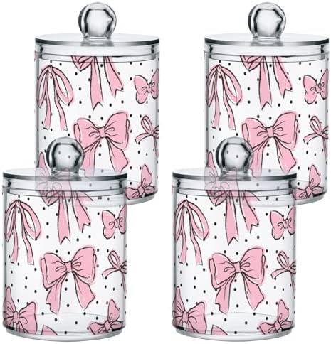 4 Pack Apothecary Jars Bathroom Bow Pink Qtip Holder Dispenser Clear Plastic - Image 2