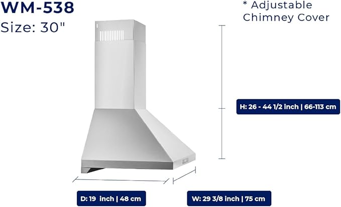 Hauslane Range Hood Wall Mount 30" Ducted or Ductless Kitchen Vent Hood Stainless Steel Stove Hood - 3 Speed, Touch Control, LED Lamps, Baffle Filters, Auto Shut-off, WM538