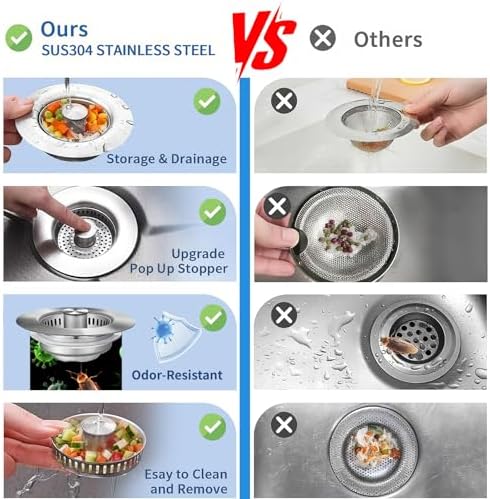 3-in-1 Kitchen Sink Drain Strainer & Sink Stopper 2 Pack : 304 Stainless Steel - Image 4