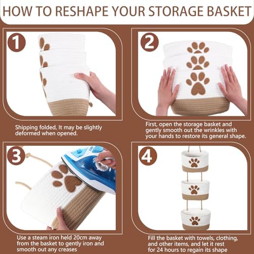 3-Tier Dog Paw Theme Cotton Rope Hanging Basket Organizer, Wall Storage Bin - Image 3
