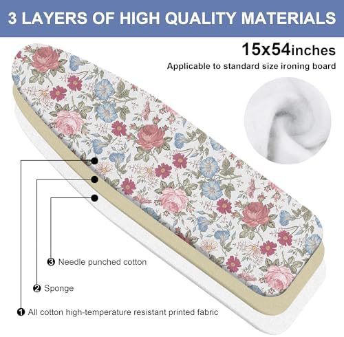 Flowers Ironing Board Cover and Pad 15x54 Inch, 100% Cotton Surface Heavy Duty - Image 2