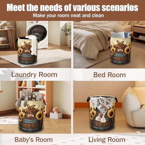 Highland Cow Laundry Hamper, Sunflower Butterflies Collapsible Laundry Baskets - Image 7