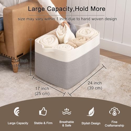 OIAHOMY Extra Large Blanket Basket, 95L Cotton Rope Woven Laundry Basket - Image 3