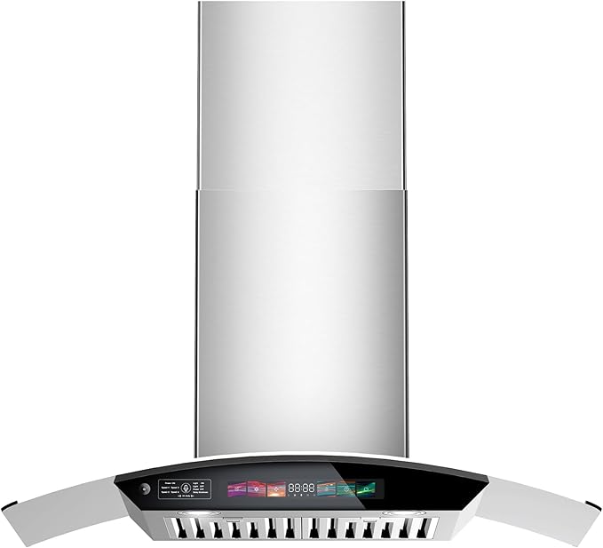 36 inch Wall Mount Range Hood Tempered Glass 900 CFM, Voice/Gesture/Touch Control, Stainless Steel Kitchen Hood Vent with 4 Speed Exhaust Fan, Adjustable Lights, Memory Mode