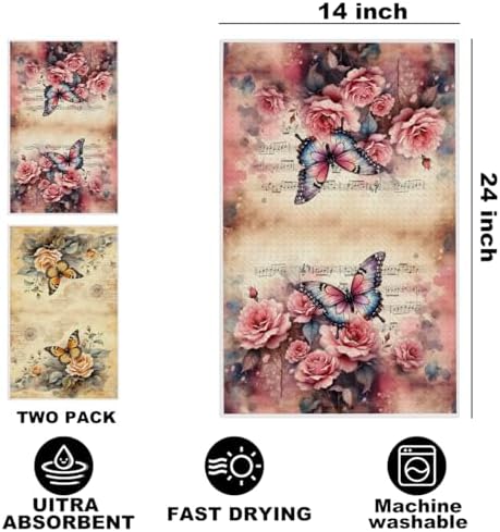 2 Pcs Vintage Butterfly Kitchen Towels, Flower Soft Absorbent Hand Towels - Image 2