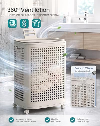 SONGMICS Laundry Hamper with Wheels, 75 L Laundry Basket with Lid - Image 3