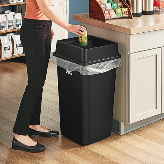 Square Trash Can with Drop Shot Lid, 25 Gallon, Black, Indoor Outdoor Use
