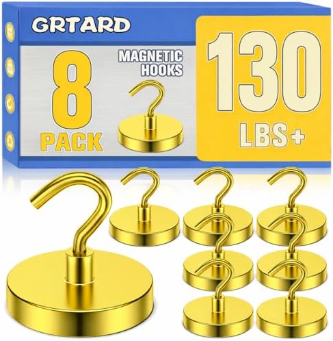 Grtard 8 Pcs Yellow Magnetic Hooks Heavy Duty, 120 LBS Strong Magnet Hooks by Grtard