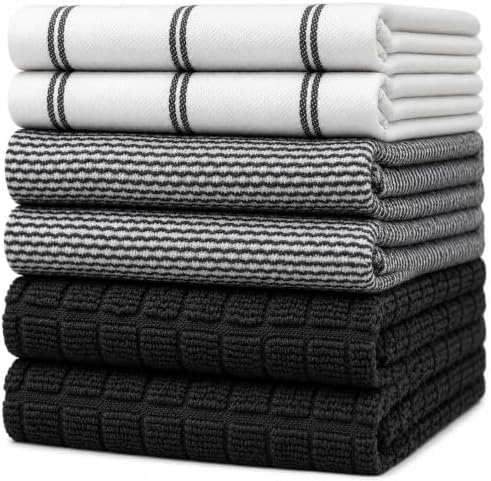 Premium Kitchen Towels 6 Pack 100% Cotton 20"x28" Dish Towels Black Check by BumbleTowels