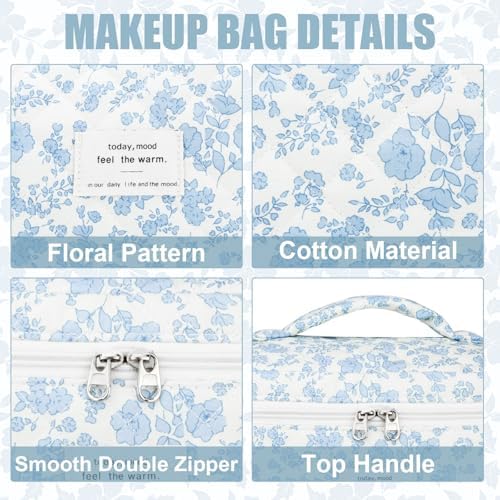 BuyCard Quilted Makeup Bag Set, CuteFloral Cotton Coquette Makeup Bag Toiletry - Image 3