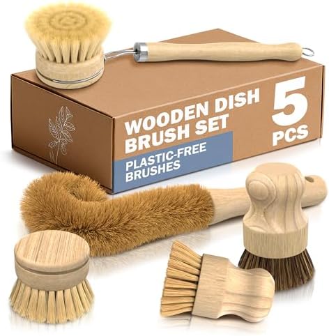 5 Pcs Bamboo Dish Brush Set, Non-Scratch Bristles, Replacement Head by ZOKLU
