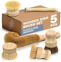 5 Pcs Bamboo Dish Brush Set, Non-Scratch Bristles, Replacement Head by ZOKLU