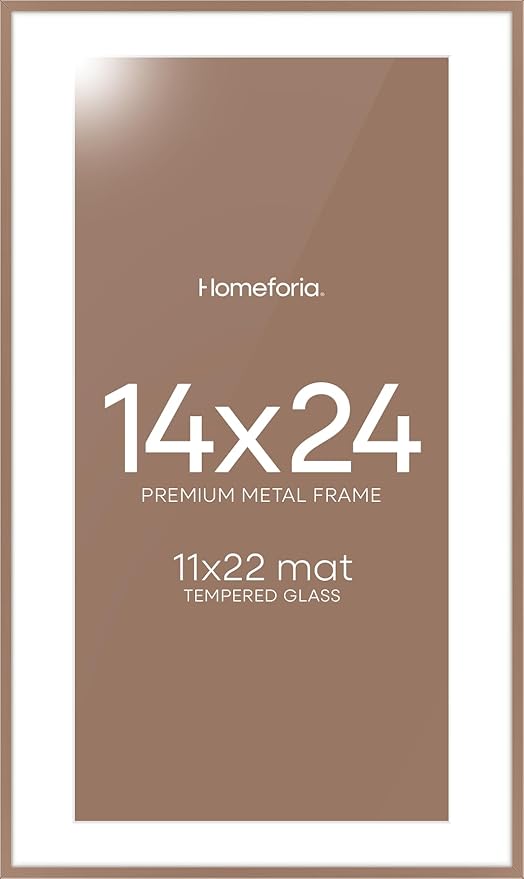 Homeforia 14x24 Picture Frame Mocha, High End Metal 14x24 Poster Frames with Mat 11x22 Photo, 14 x 24 Mocha Frame Matted to 11 by 22 Print, 24by14 Thin Hanging Frames, Tempered Glass, Wall Kit, Set of 1