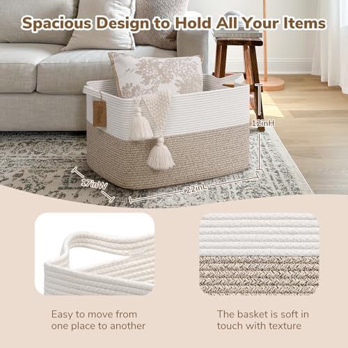 Goodpick 75L Extra Large Woven Rope Blanket Basket, Light Brown - Image 3