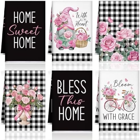 VitalCozy 6 Pcs Pink Rose Kitchen Towels Set Black and White by VitalCozy