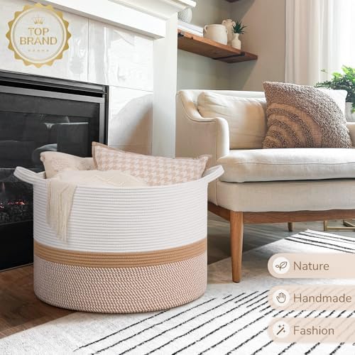 INDRESSME 115L Extra Large Woven Rope Blanket Basket Living Room WhiteCamel - Image 7