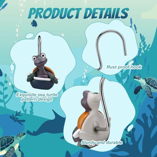 Amyhill 12 Pcs Turtle Shower Curtain Hooks Decorative Funny Turtle Shower - Image 3