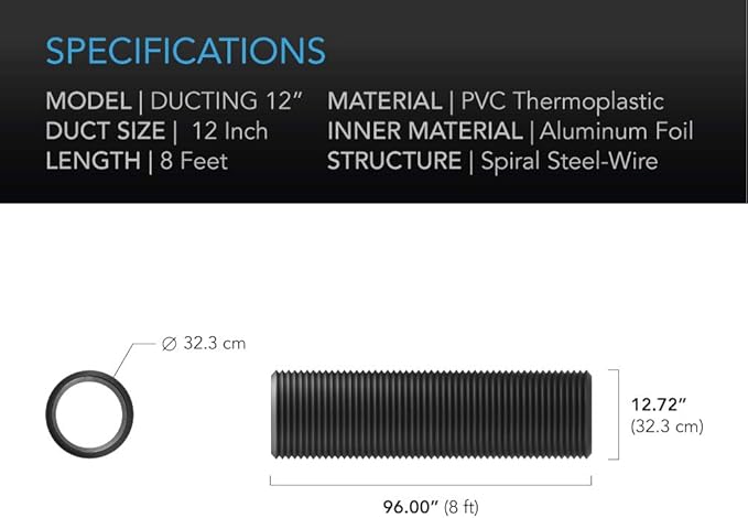 AC Infinity Flexible 12-Inch Aluminum Ducting, Heavy-Duty Four-Layer Protection, 8-Feet Long for Heating Cooling Ventilation and Exhaust