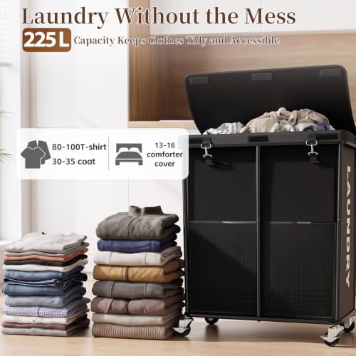 Laundry Hamper with Wheels and Lid, 225L Large Rolling Laundry Basket Black - Image 2