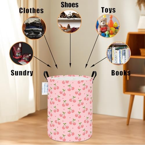 Round Laundry Basket Collapsible Storage Hamper Organizer Pink Cherry - Image 4
