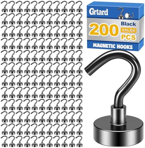 Grtard 200 Pcs Black Magnetic Hooks Heavy Duty, 30LBS Strong Magnet Hooks by Grtard