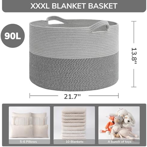 INDRESSME XXXLarge Woven Rope Blanket Basket Living Room Grey - Image 3
