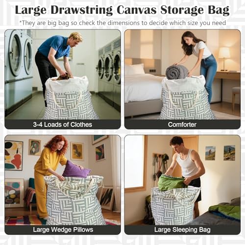 Canvas Laundry Bag with Handles & Drawstring, XL 33"Wx 35"H, Geometry Gray - Image 6
