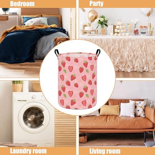 Round Laundry Basket Collapsible Storage Hamper Flower Strawberry - Image 3