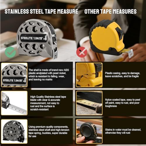 STEELITE Tape Measure 25'FT Foot Stainless Steel Retractable Measuring Tape - Image 6