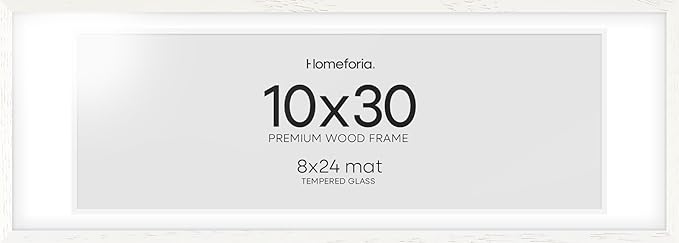Homeforia 10x30 White Picture Frame, High End Oak 10x30 Wood Poster Frames with Mat 8x24 Print, 10 x 30 White Wooden Frames Matted to 8 by 24, 30x10 Panoramic Frame, Tempered Glass, Wall Kit, Set of 1