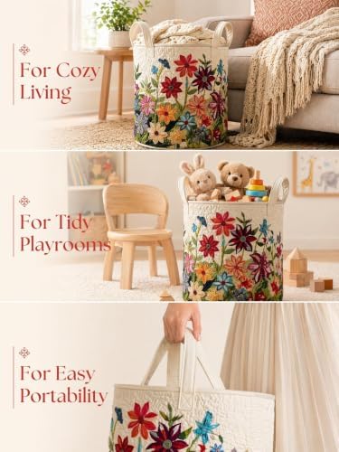 Quilted Laundry Basket with Handles, Boho Floral Quilted Storage Hamper - Image 4