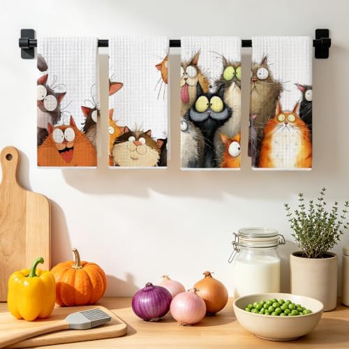 4 Pcs Cute Cat Kitchen Towels, Funny Cats Gifts Absorbent Hand Towels-01 - Image 4