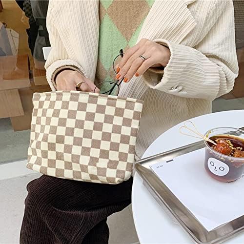 Checkered Cosmetic Bags for Women, Canvas Makeup Pouch Large Purse - Image 3