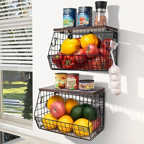 Mefirt Fruit Bowl, Stackable Wall Mounted Fruit Basket of Smooth Wood Lid by Mefirt