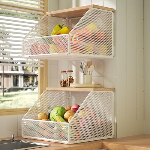 Stackable Fruit Basket for Kitchen Countertop Space Saving, Wall Mounted Mesh by Litwaro