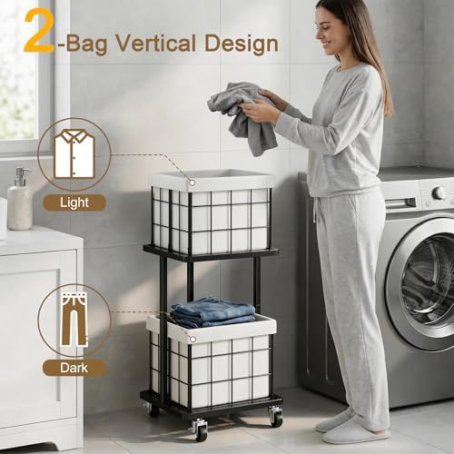 80L Vertical Laundry Sorter, 2 Tier Metal Rolling Laundry Basket - Image 5