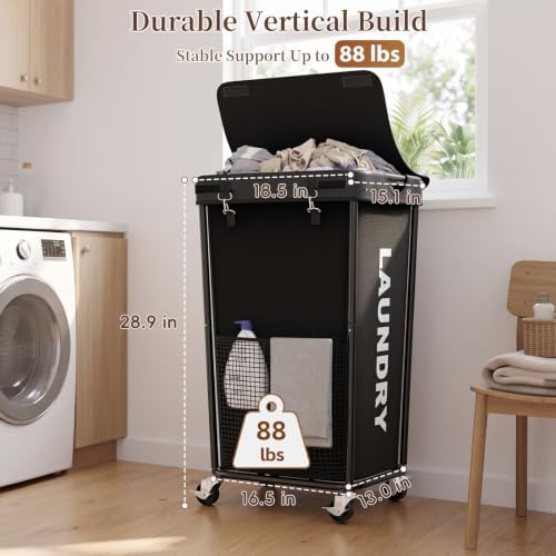 Laundry Hamper with Wheels and Lid, 110L Large Rolling Laundry Basket Black - Image 5