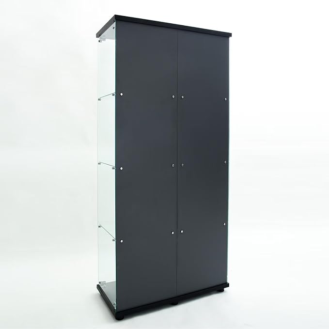 Yoluckea 4 Tiers Glass Display Cabinet with Bluetooth LED Light Strip, 2 Doors Floor Standing Curio Cabinet with Adjustable Feet and Mirror Back Panel, Black Glass Bookshelf for Collections, Wood Top