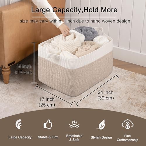 OIAHOMY Extra Large Blanket Basket, 95L Cotton Rope Woven Laundry Basket - Image 3