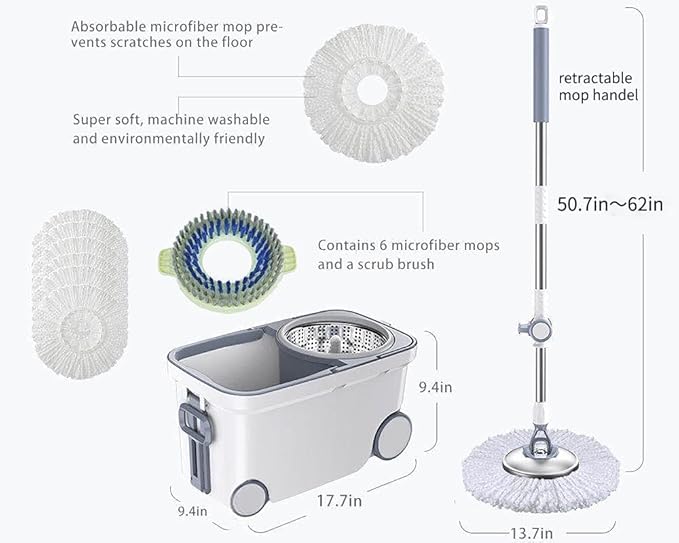 Spin Mop Bucket Deluxe 360 Spinning Floor Cleaning System with 6 Microfiber Replacement Head Refills,62" Extended Handle,4X Wheel for Home Cleaning