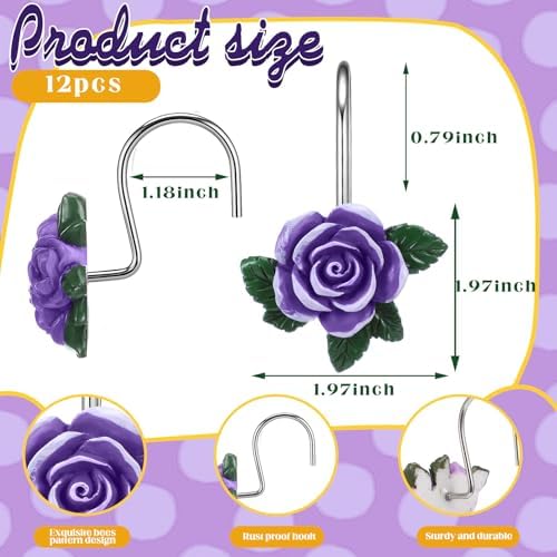 Amyhill 12 Pcs Purple Rose Shower Curtain Hooks Cute Purple Rose Decorative - Image 2
