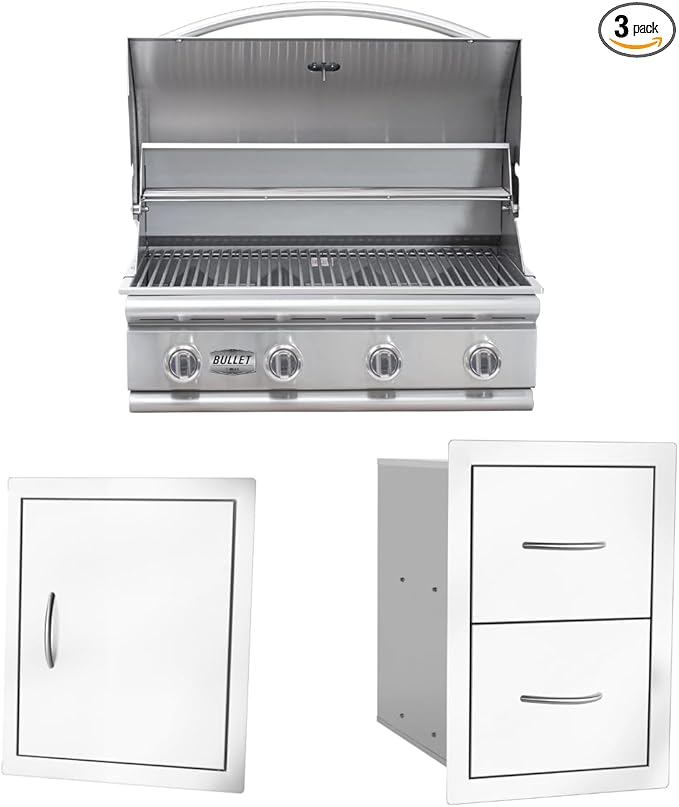 Bullet by Bull Stainless Steel Outdoor Kitchen Grill Set - Built-In Liquid Propane Grill -BBQ Kitchen Island Bundle - Includes 4 Burner Grill, Single Access Door & Double Storage Drawer