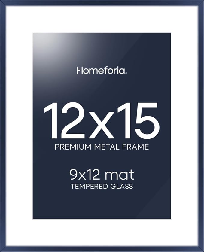 Homeforia 12x15 Navy Blue Picture Frame, High End Metal 12x15 Poster Frames with Mat 9x12 Photo, 12 x 15 Navy Blue Frames Matted to 9 by 12 Print, 15x12 Thin Frames, Tempered Glass, Wall Kit, Set of 1