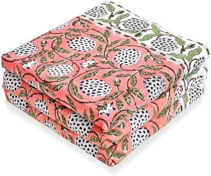 Ridhi Dark Salmon Pink Hand Block Print Cotton Kitchen Towels, 16x28 Inch by Ridhi