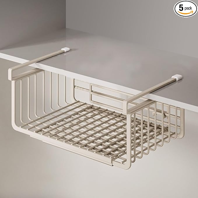 Extendable Under Shelf Storage Basket, Hanging Baskets Under Cabinet Shelf Organizer, for Cabinet Pantry Kitchen Cupboard Desk Counter Bookshelf Space Saver Heavy Duty Slide-in (off - white, 2 Pack)