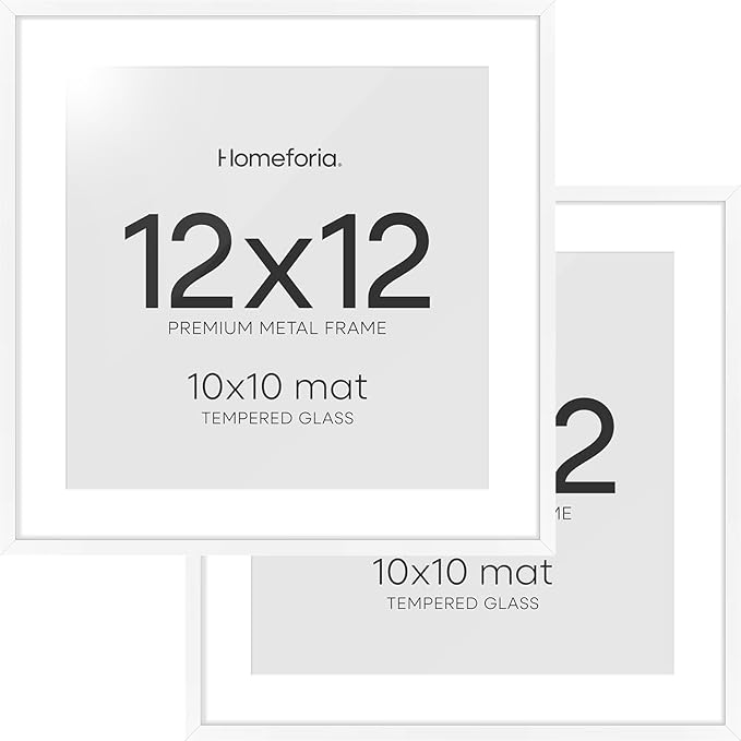Homeforia White 12x12 Picture Frames, High End Metal 12 x 12 Square Poster Frame with Mat 10 x 10 Photo, 12x12 White Frame Matted to 10x10 Print, 12by12 Thin Frames, Tempered Glass, Wall Kit, Set of 2